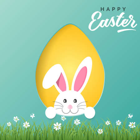 Vector Happy Easter greeting card with Easter bunny and colored paper eggのイラスト素材