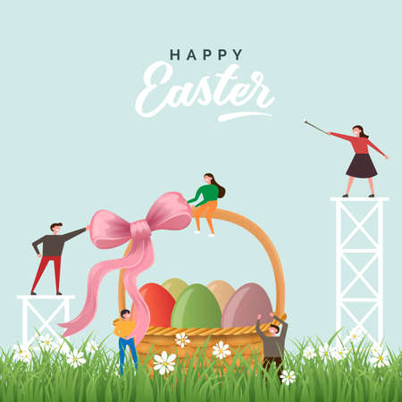 Small people character collect easter basket. Easter event, promotion design and banner, poster designのイラスト素材