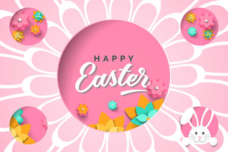 Easter card with cutout frame in shape circle with paper spring flowers on pink background. Vector illustration Easter bunnyのイラスト素材