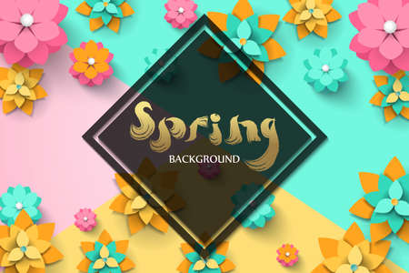 Spring template with paper cut flowers with frame. Bright colorful geometric background. Fresh design for posters or vouchers. Vector illustrationのイラスト素材