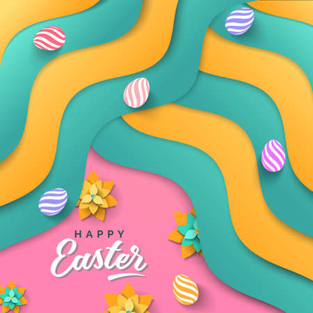 Easter card with paper cut spring flowers. Vector illustration with Easter eggs on colorful wavy background.のイラスト素材