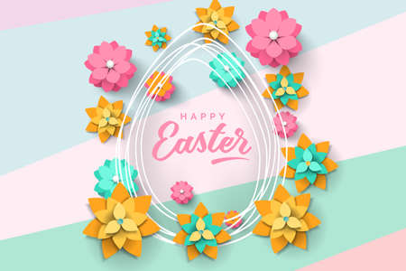 Easter card with egg shape frame and paper cut flowers on modern backgroundのイラスト素材