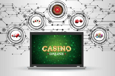Background with elements of gambling for the casino. Vector illustration roulette, playing cards, dice, chipsのイラスト素材