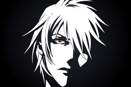 Anime face from cartoon with anime red eyes on black and white background. Vector illustrationのイラスト素材