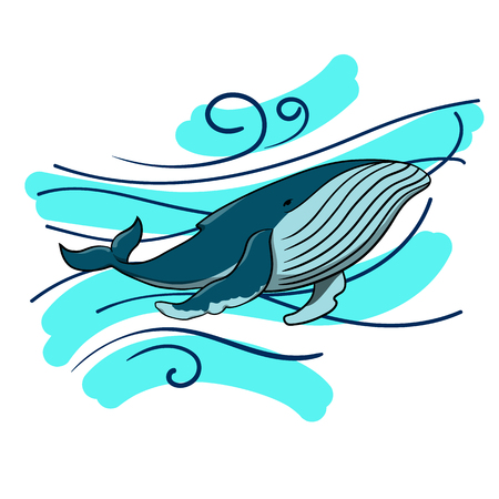 Vector cute cartoon whale on white background. Whale vector illustration. Greeting card.のイラスト素材