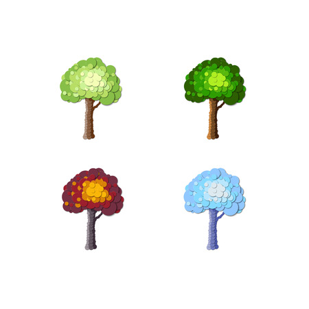 A set of trees in the style of Paper cut. Four seasons: spring, summer, autumn, winter. Isolated on white background. Vector.の写真素材