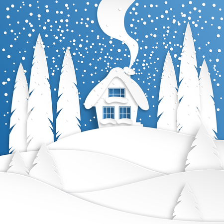 Landscape with a winter house in the snow. Spruce forest. Paper cut design. Merry Christmas and New Year paper art background. Vector illustration.のイラスト素材