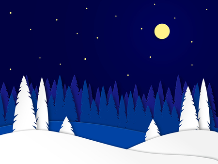 Winter landscape on a moonlit night. Snowy trees in a park or forest. Design in the style of paper art. Vector illustrationのイラスト素材