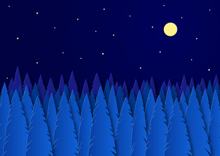 Winter landscape on a moonlit night. Snowy trees in a park or forest. Design in the style of paper art. Vector illustrationのイラスト素材