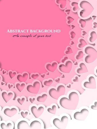 Delicate pink background from hearts in paper cut style. Circular design for greeting cards, wedding invitations, flyers, banners. Vector.のイラスト素材