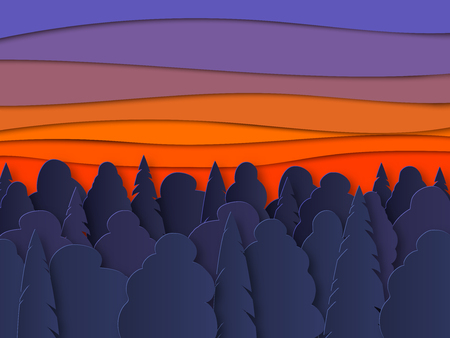 Vector landscape with forest silhouettes before sunrise. Beautiful illustration of sunset, untouched nature. Outdoor scene from national park, nature reserve, nature reserveのイラスト素材