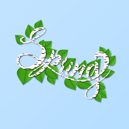 Hello Spring. Paper cut design Lettering spring with leaves for greeting card, invitation template, banner, poster, template background. Vector illustrationのイラスト素材