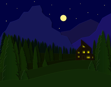 Landscape with a house in the mountains. Spruce forest and fields. 3d paper cut design. Advertising travel and recreation. Vector illustrationのイラスト素材