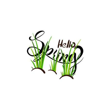 Hello Spring. Lettering spring with green grass for greeting card, invitation template, banner, poster, template background. Vector illustrationのイラスト素材