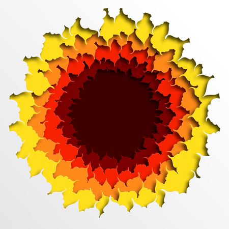 Design of colorful autumn leaves placed in a circle. Template for advertising, label, poster, brochure. Autumn paper cut. Layered illustration. Vector illustrationのイラスト素材