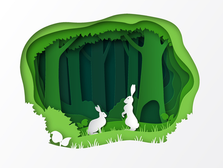 Hares on a clearing in the forest. Summer vector illustration. Paper cut design. Natural landscape. Animals in the wildのイラスト素材