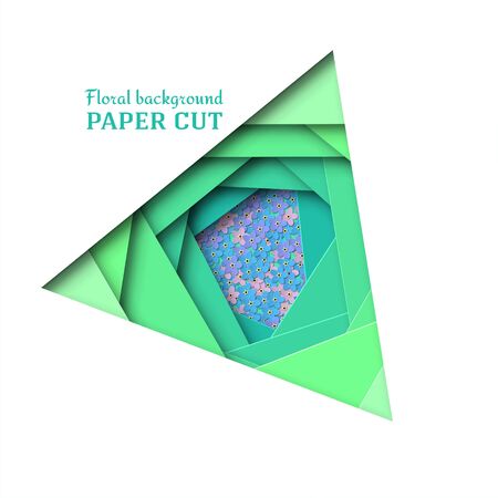 Paper cut background. Delicate blue, pink, purple flowers forget-me-not. Summer floral design in green. Poster, banner, brochure. rectilinear shape. Vector illustrationのイラスト素材