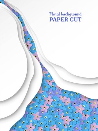Paper cut background in white. Delicate blue, pink, purple flowers forget-me-not. Multi-layered embossed design with space for text. Poster, banner, brochure. Vector illustrationのイラスト素材