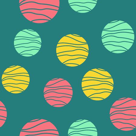 Colorful circles seamless pattern. Geometric background in trendy colors: pale pink, navy blue, mint, coral. Different textures of circles. Design for prints, posters, fabrics, paper packagingのイラスト素材