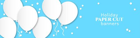Horizontal banner for congratulations. White flying balls on a blue background. Design in the style of paper cut, art for birthday, wedding. Vectorのイラスト素材