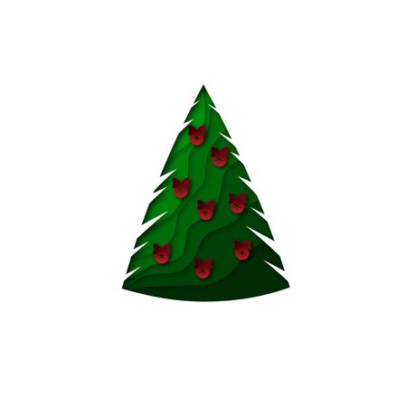 Xmas tree with red balls. New Year poster, banner, postcard, invitation. Background in paper cut style. Vector.のイラスト素材