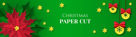 Horizontal banner with red poinsettia, Christmas balls. Design for advertising and social networks. Place for text. Paper cut.のイラスト素材