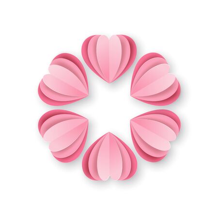 Pink hearts located in a circle template. Origami. Place for text. Paper cut style background. Design for Valentines Day. The 14th of Februaryのイラスト素材