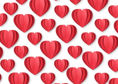 Background with red hearts. The geometric arrangement. Texture in the style of paper cut. Vector...