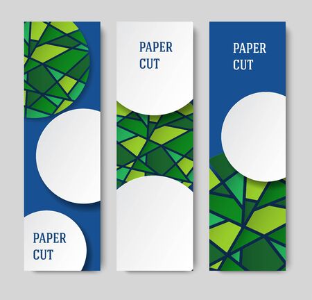 Vertical banner for sites and social networks. Design in paper style in the form of a mosaic. Abstract blue background. Place for text. Vector illustrationのイラスト素材