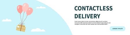 Banner for an online store with contactless delivery. Space for text and button. Box on balloons. Vector illustrationのイラスト素材
