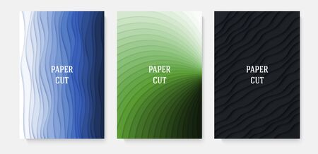 A set of posters. Abstract geometric background in paper cut style. Smooth lines. Design for brochures, posters, flyers, advertising. Vector illustrationのイラスト素材