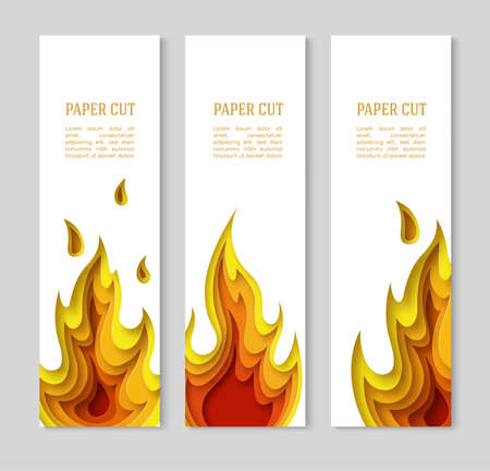 Vertical set of white banners with fire. Layered design in paper style. Place for text. Vector illustrationのイラスト素材