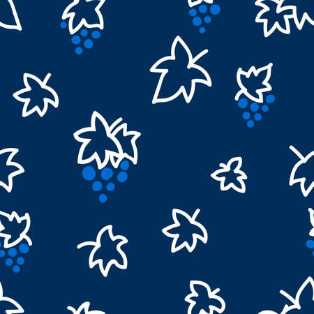 Seamless pattern with grapes in blue and white colors. Light pattern on a dark background with doodles for printing on fabrics, paper, packaging. Vector illustrationのイラスト素材
