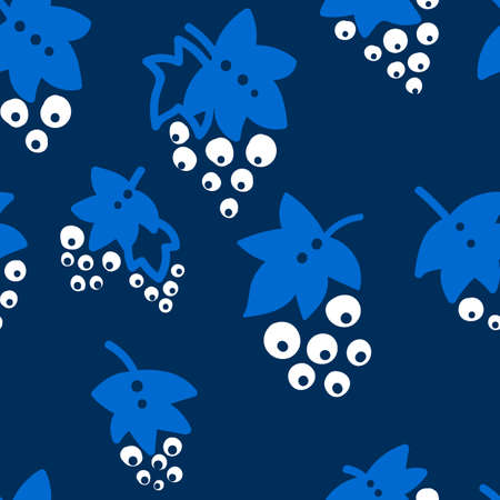 Seamless pattern with grapes in blue and white colors. Light pattern on a dark background with doodles for printing on fabrics, paper, packaging. Vector illustrationのイラスト素材
