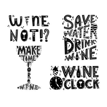 Set of phrases about wine. Handwritten lettering. Merry inscription. Vector illustrationのイラスト素材