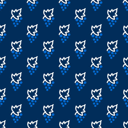 Seamless pattern with grapes in blue and white colors. Light pattern on a dark background with doodles for printing on fabrics, paper, packaging. Vector illustrationのイラスト素材