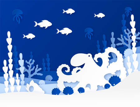 Landscape with an octopus at the bottom of the ocean with algae, fish, shells and jellyfish. Marine multi-layer design of the underwater world. Paper cut style. Vector illustrationのイラスト素材