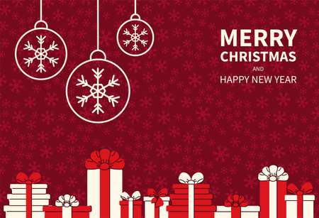 Christmas poster with stylized gifts and balls . Greeting New Year cards flat graphic design. Place for text. Vector illustrationのイラスト素材