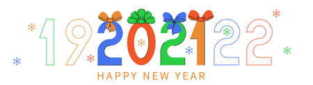 HAPPY NEW YEAR 2021 text. Colored numbers with bows. Horizontal banner template for your holiday flyers, greeting and invitation cards, website headers, advertisements. Vector illustrationのイラスト素材