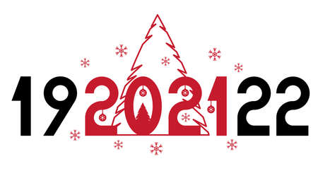 Happy new year 2021 text. Figures with balloons, gifts and spruce. Template for your holiday flyers, greeting and invitation cards, website headers, advertisements. Vector illustrationのイラスト素材