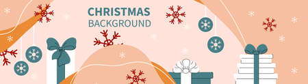 Christmas balls, gifts, snowflakes and greeting text in pastel, light colors. Horizontal Christmas banner, headers, sites. Flat modern design. Vector illustrationのイラスト素材