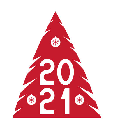 Happy new year 2021 text. Figures inside a red Christmas tree.のイラスト素材
