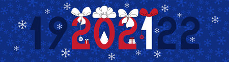 2021 text. Numbers with bows on a blue background. Horizontal banner template for your holiday...