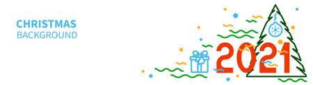 HAPPY NEW YEAR 2021 text. Figures, spruce, balls and gifts. Horizontal banner template for your holiday flyers, greeting and invitation cards, website headers, advertisements. Vector illustrationのイラスト素材