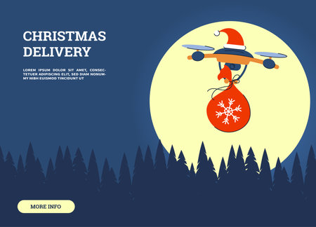 Contactless Christmas delivery. The drone carries a bag of gifts over the night forest. Background with the moon and place for text. Vector illustrationのイラスト素材