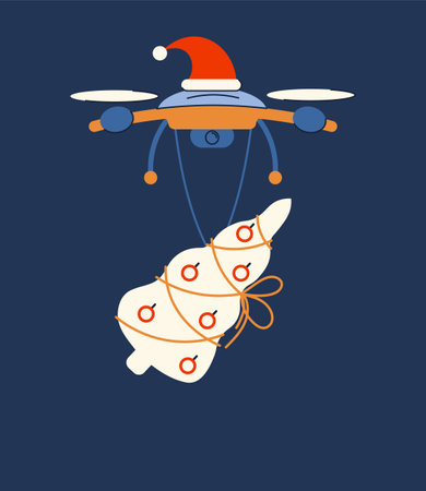 Contactless Christmas delivery. A drone in a Santa hat is carrying a decorated fir tree. New Year isolated concept. Vector illustrationのイラスト素材