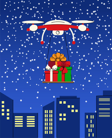 Contactless delivery. The drone carries gifts through the air against the background of the sky. Festive concept. Online delivery. Vector illustrationのイラスト素材