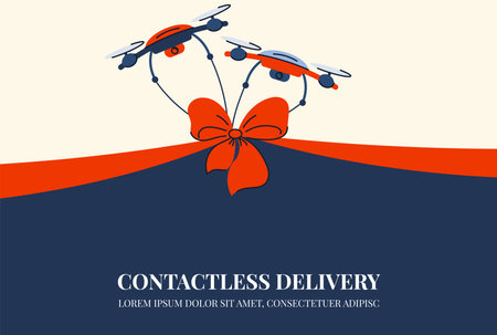 Contactless gift delivery using drones. Concept for advertising and design. Vector.のイラスト素材