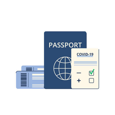 New normal. Safe travel in a pandemic. Immunity passport, tickets, permission, border opening. Vaccination requirement against Covid-19. Vector illustrationのイラスト素材