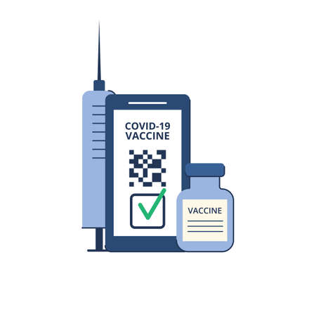 Time of vaccination against covid-19. Virus protection. Testing for antibodies. QR code on a smartphone with a test result. Isolated concept on white background. Vector illustrationのイラスト素材